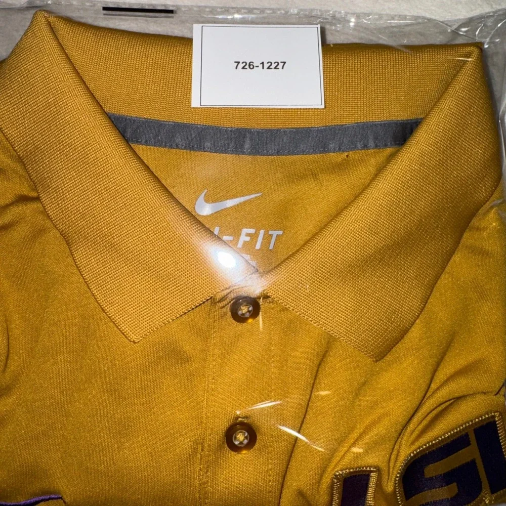 Nike Dri-FIT LSU Tigers Polo Shirt Mens XL Gold Grey Pinstripe Short Sleeve Logo